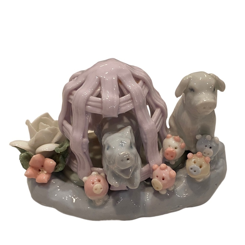 Whimsical Pastel Pigs In a Lattice Basket with Floral design Ceramic Figurine